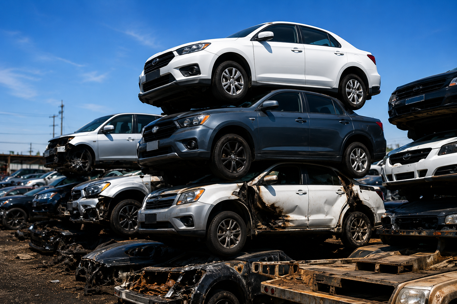 Stack of accidented vehicles acquired for parts and resale at a salvage yard