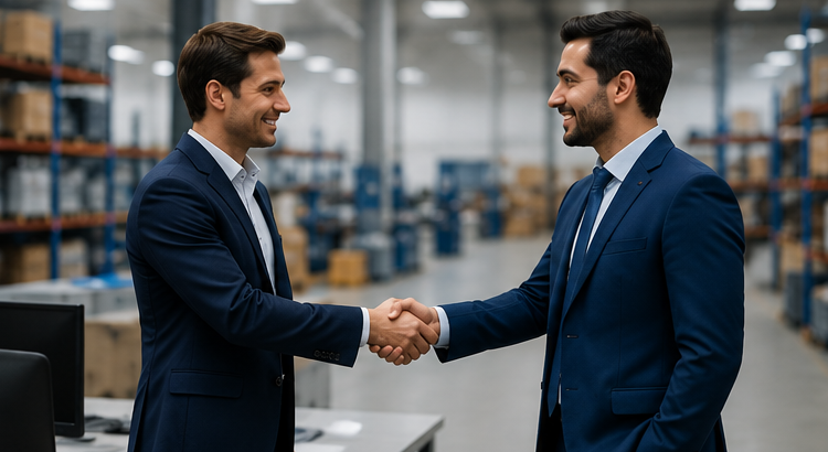 Business partners shaking hands after a wholesale B2B supply agreement