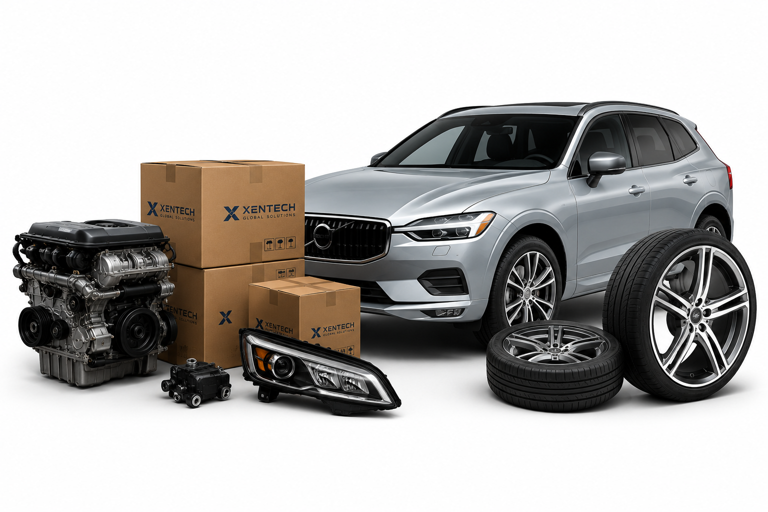 Engine, wheels, headlight, and parts boxes beside a vehicle ready for global distribution