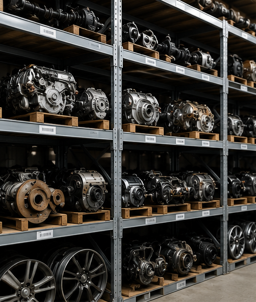 Rows of cleaned and inventoried OEM auto parts on warehouse shelving