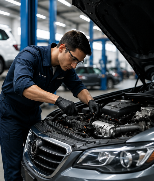 Technician performing vehicle repair and restoration under the hood