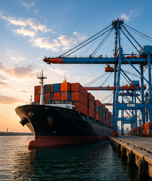 Cargo ship loaded with shipping containers at port during import and export logistics