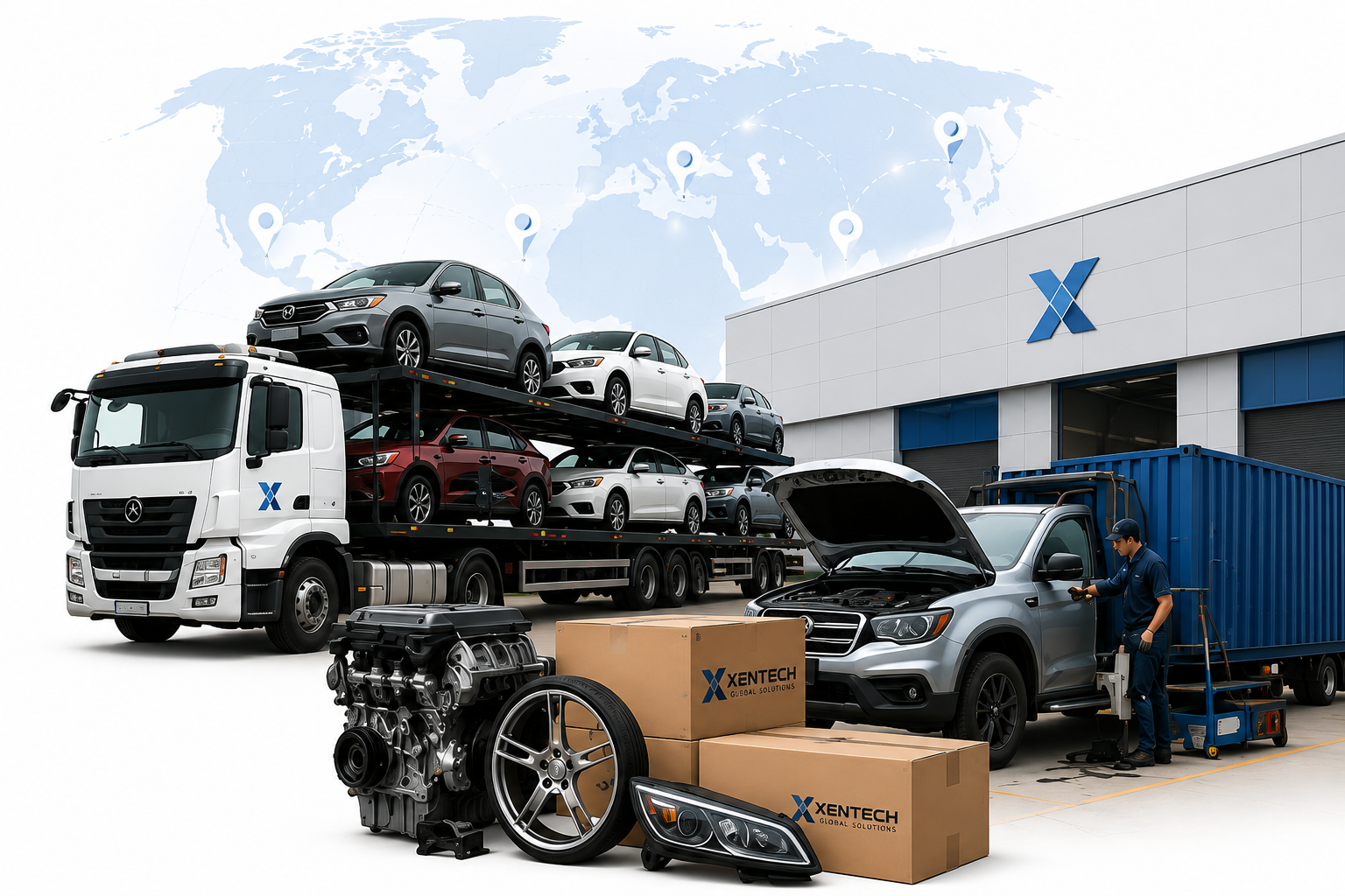 XENTECH truck hauling vehicles, an engine, wheels, headlight, and parts boxes outside a global distribution facility