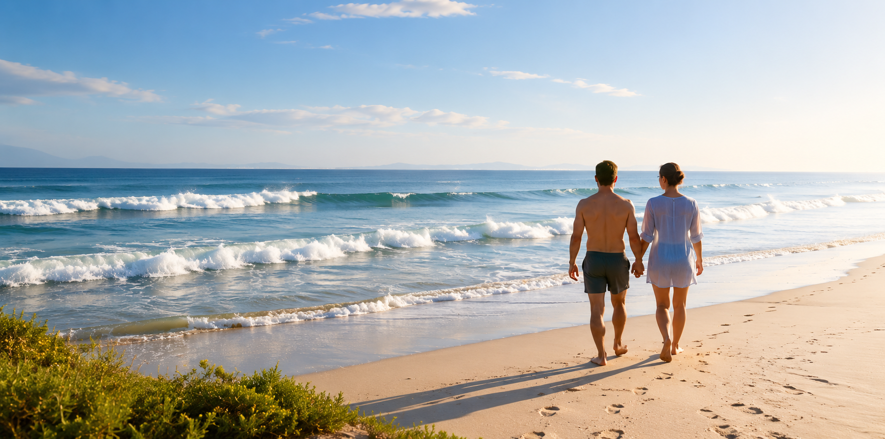 Couple walking hand in hand along the beach at sunrise