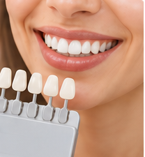 Close-up of a woman's smile beside a dental shade guide
