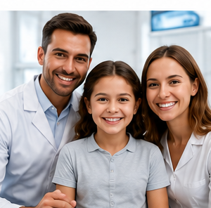 Smiling family of three at the dental office