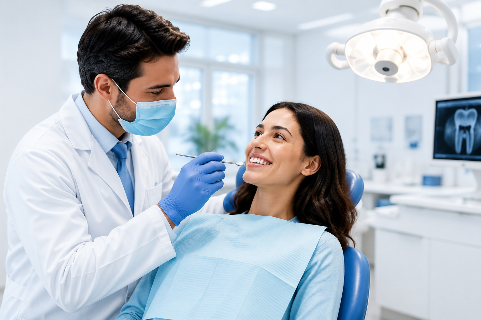 Dentist examining a smiling patient's teeth in a modern dental office