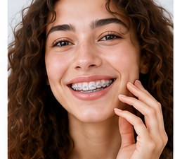 Smiling woman with braces touching her cheek