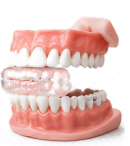 Model of upper and lower teeth used to demonstrate restorative dental work