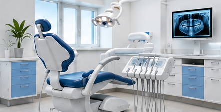 Modern dental treatment room with a chair and digital X-ray display