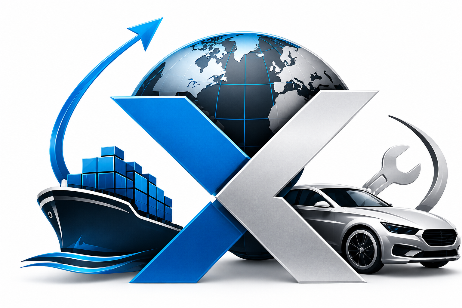 XENTECH X mark with cargo ship, globe, and car representing global logistics and automotive services