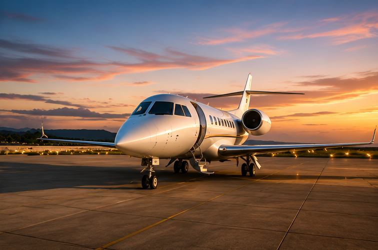Private jet parked on the tarmac at sunset