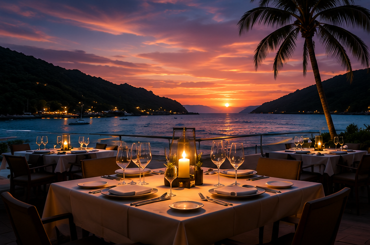 Private sunset dinner table set on an oceanfront terrace