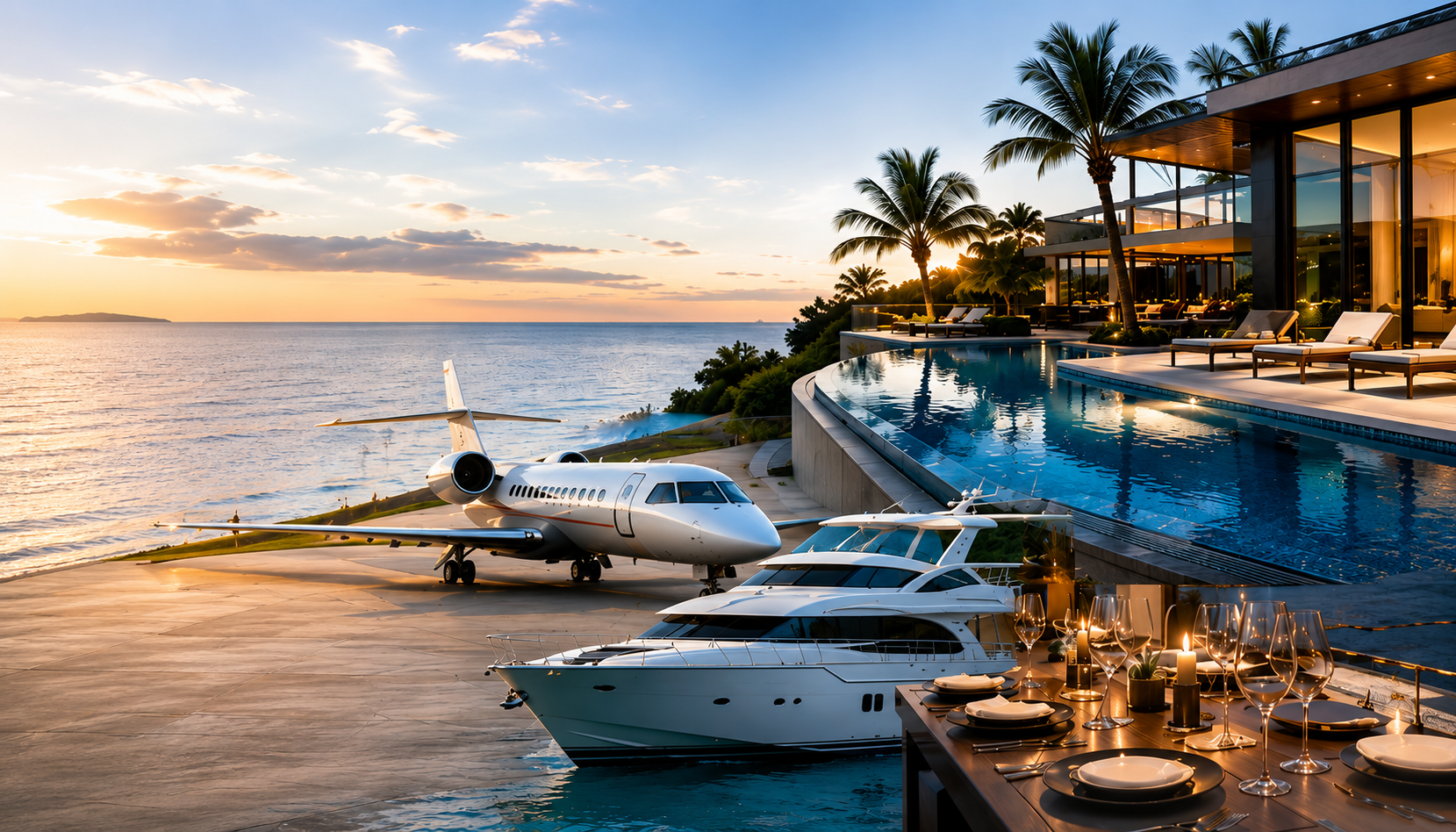 Private jet and yacht docked beside a luxury oceanfront villa with an infinity pool at sunset