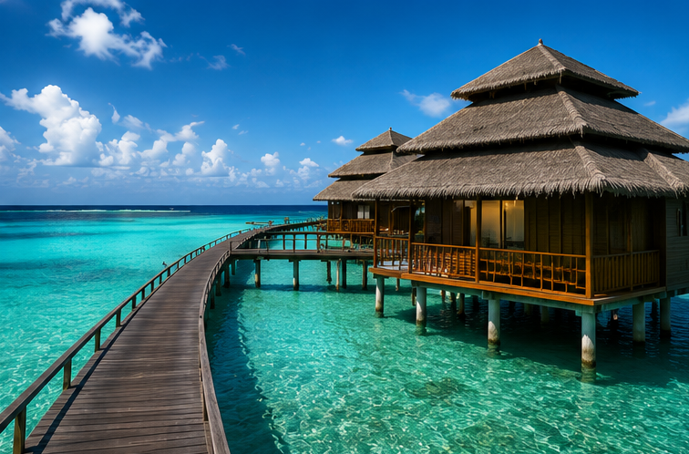 Overwater bungalow resort with a wooden walkway over turquoise water