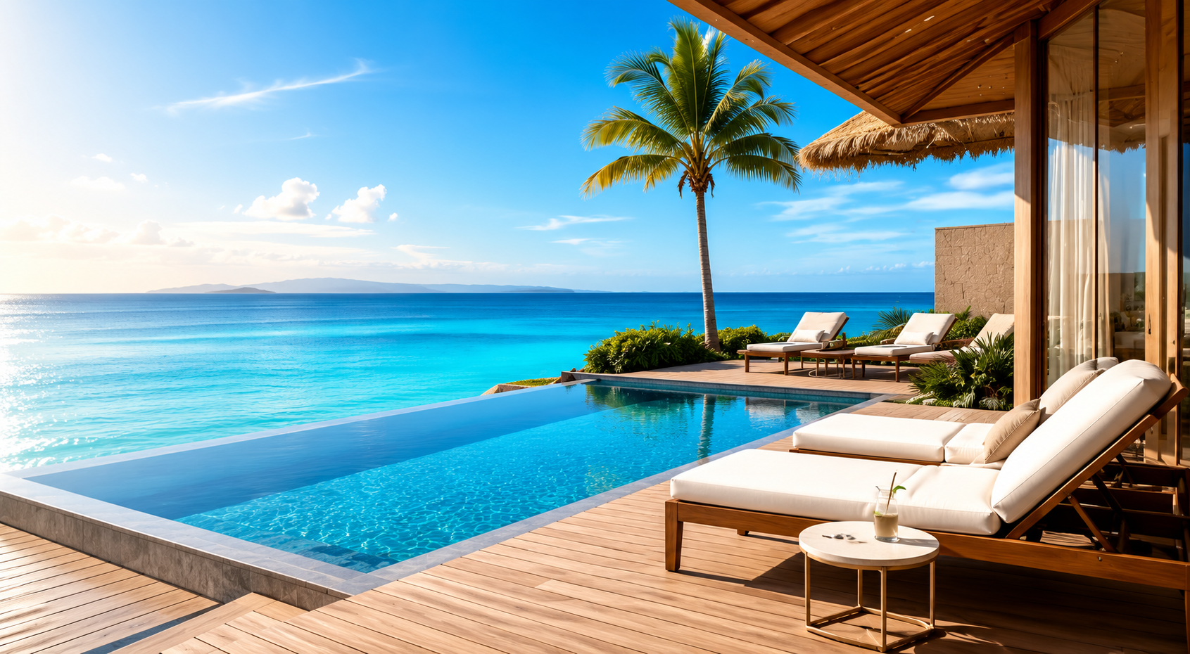 Infinity pool loungers overlooking the ocean beside a thatched-roof villa