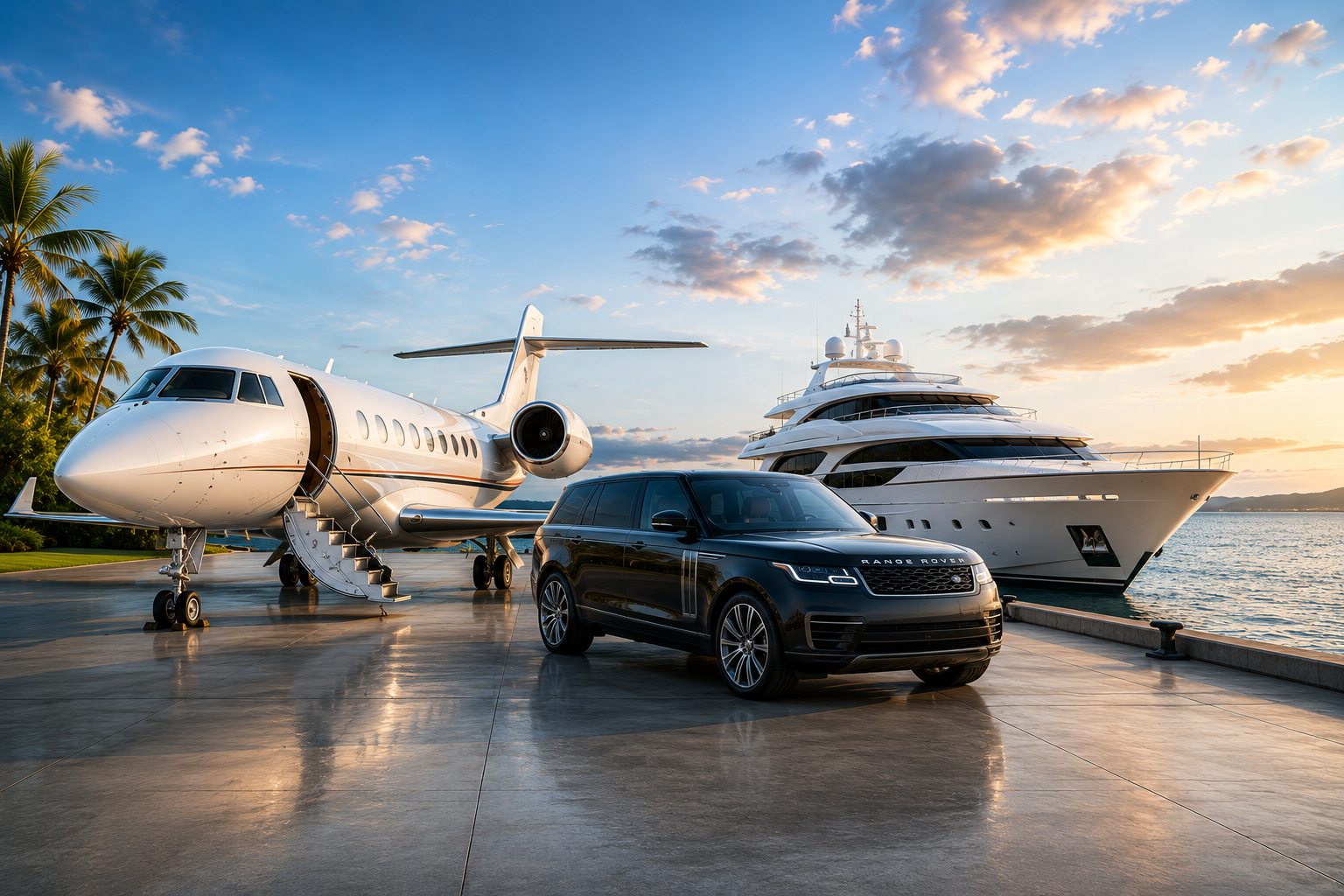 Private jet, luxury SUV, and yacht available through XENTECH Hospitality charter services