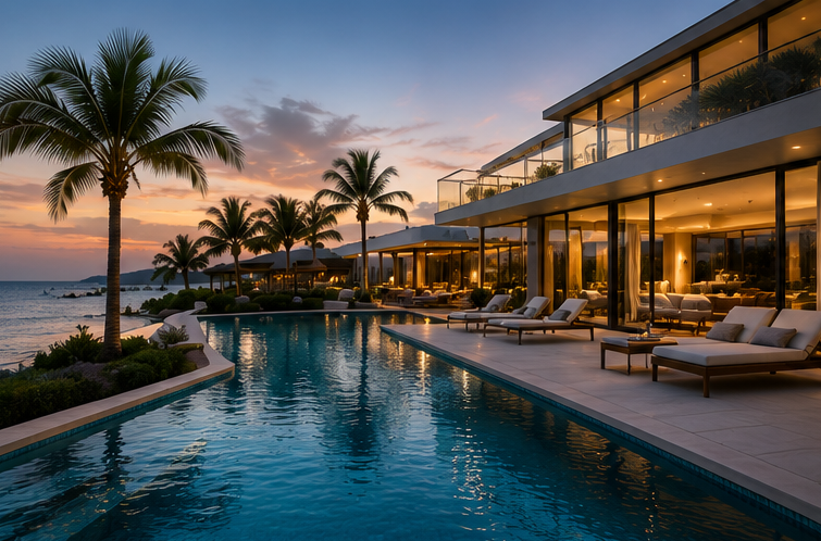Luxury villa with an infinity pool overlooking the ocean at sunset