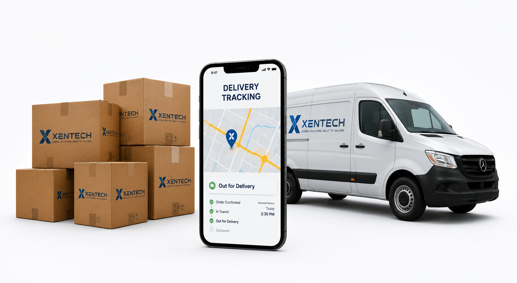 Stacked XENTECH delivery boxes, a phone showing live delivery tracking, and a XENTECH delivery van