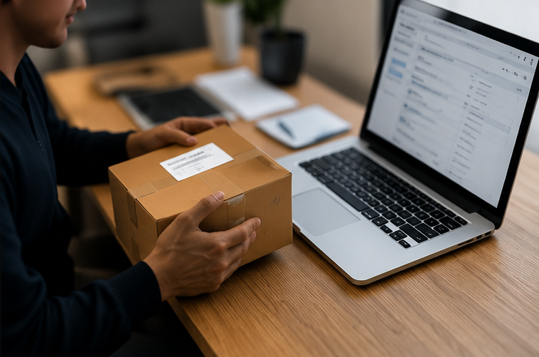 Warehouse associate packing and labeling a box for drop shipping next to a laptop