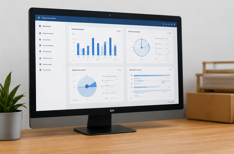 Order fulfillment dashboard on a monitor showing inventory and shipping analytics