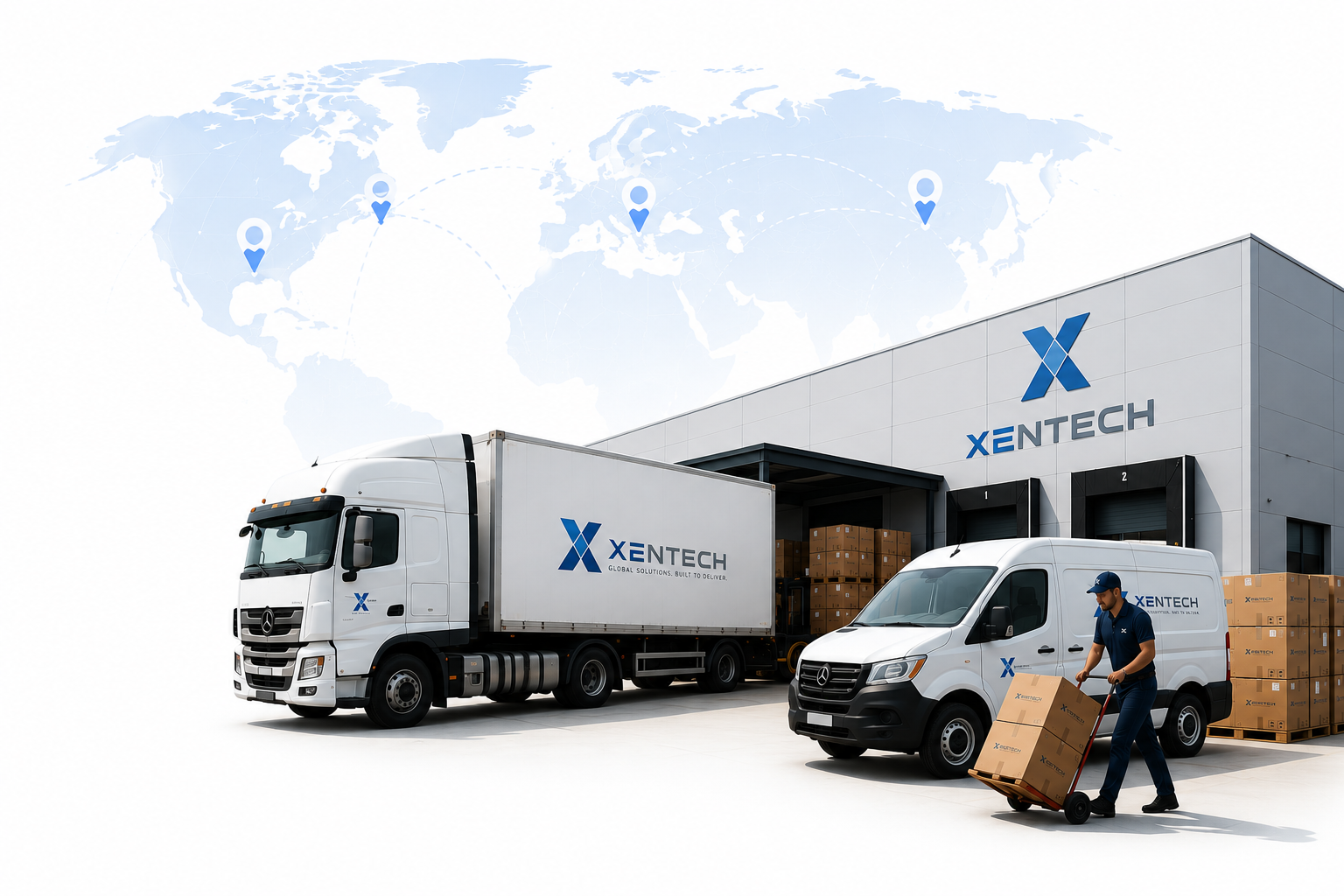 XENTECH truck and delivery van outside a global logistics warehouse with a worker moving boxes