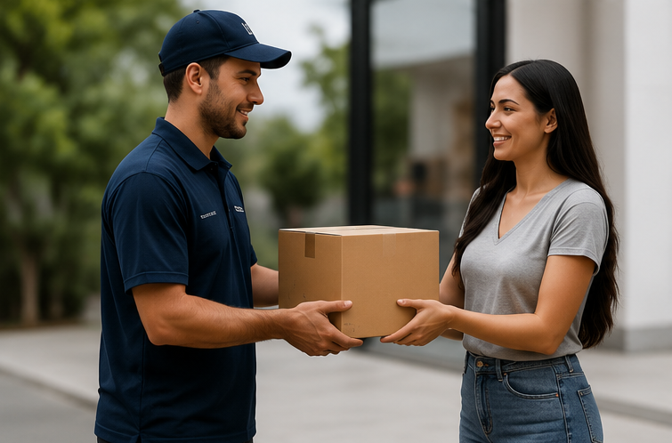 Delivery driver handing a package to a smiling customer at her front door
