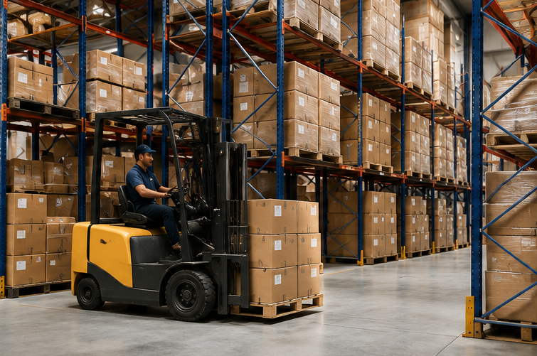 Forklift operator moving pallets of boxes in a secure warehouse