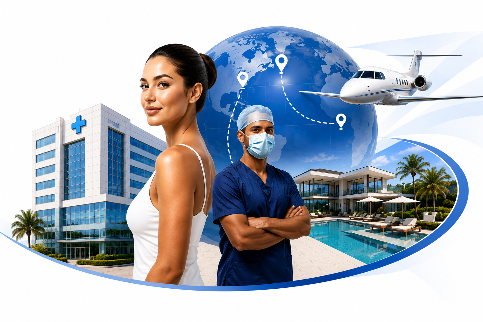 Cosmetic surgery patient and surgeon with global medical network, private jet, and luxury recovery villa