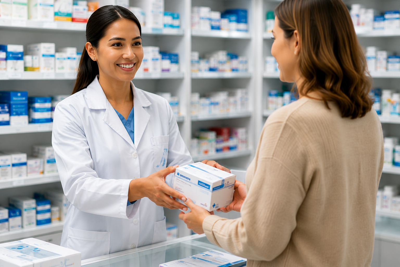 Pharmacist handing a prescription box to a patient at the pharmacy counter