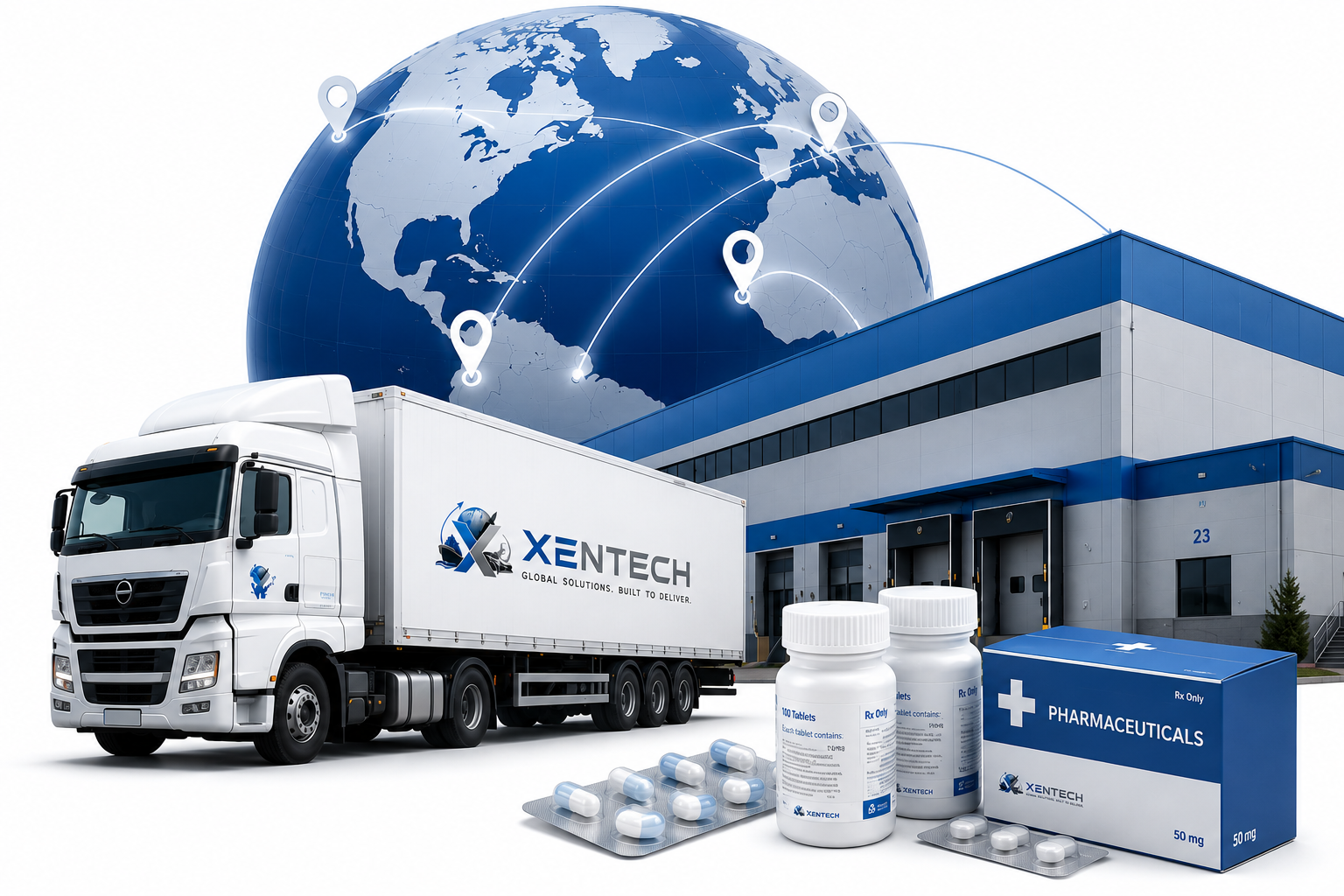 XENTECH delivery truck, distribution warehouse, and pharmaceutical products with a global logistics network