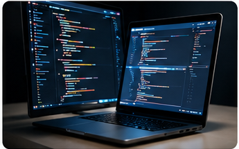 Laptop and monitor displaying custom application source code