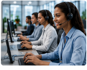 Customer service representatives wearing headsets at a contact center