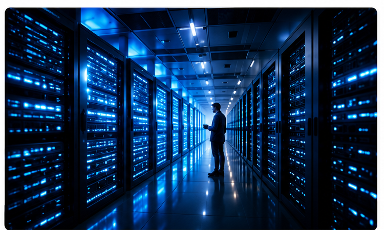 IT professional standing in a server room aisle lit with blue lights