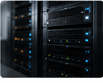 Close-up of server hardware in a data center rack