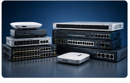 Stack of networking hardware including routers and switches