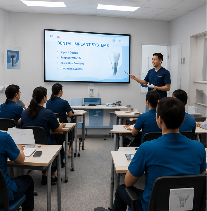 Dentist leading a classroom training session for a group of practitioners