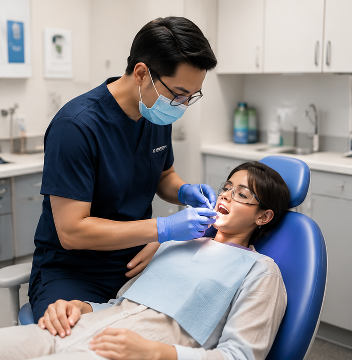 Trained dentist providing free dental care to a young patient