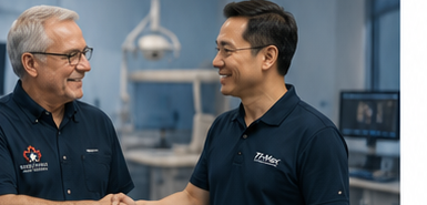 XENTECH and partner representatives shaking hands in a dental clinic