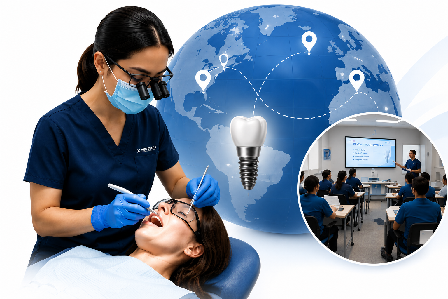 Dentist performing hands-on training with a dental implant model, global training network, and classroom session