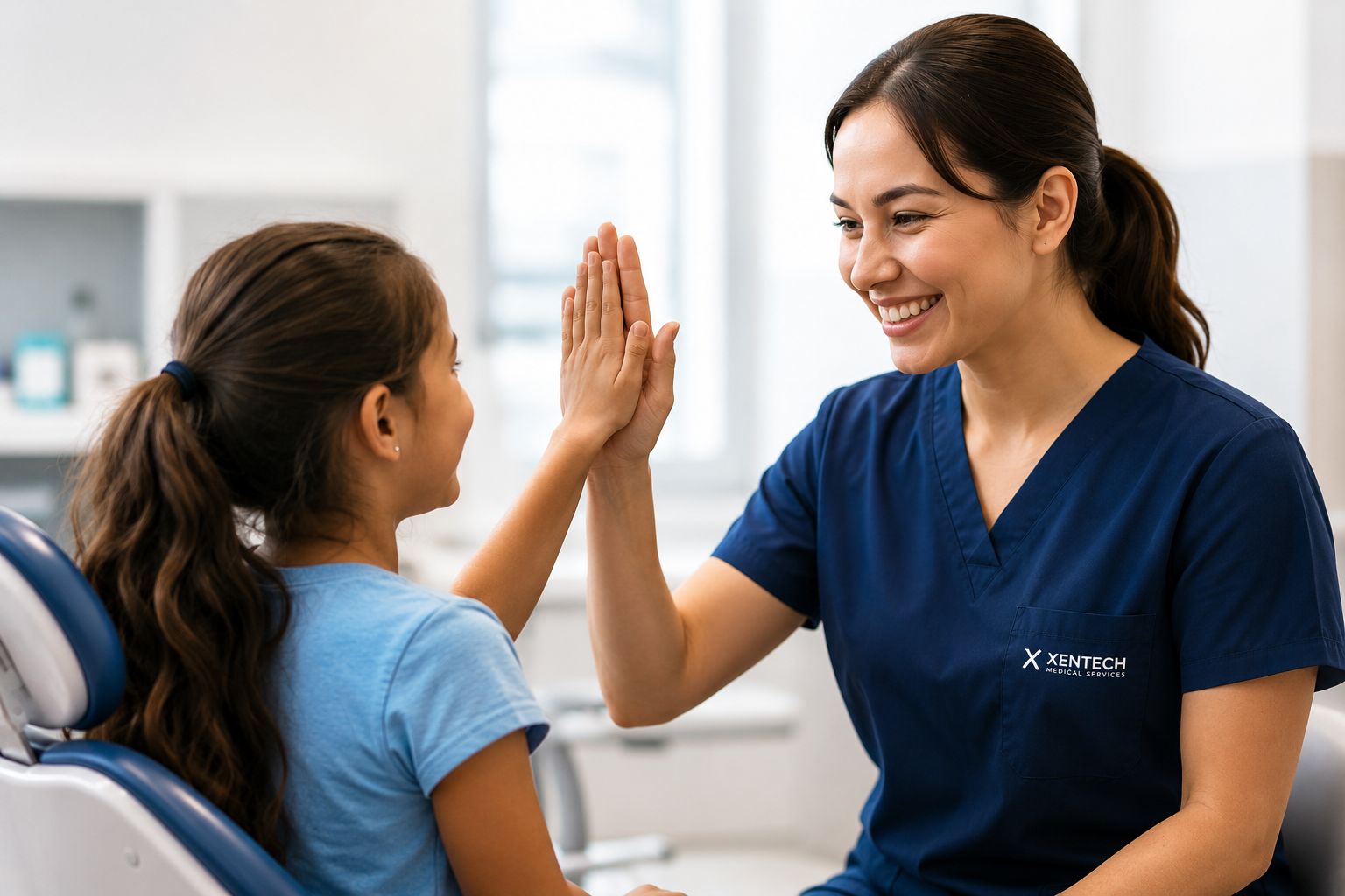Dentist high-fiving a young patient after a successful visit