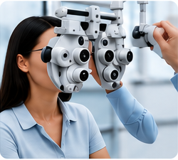 Optometrist performing an eye exam using a phoropter