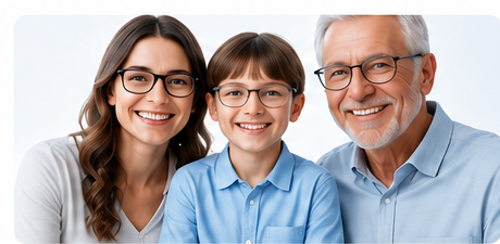 Mother, son, and grandfather smiling, all wearing glasses
