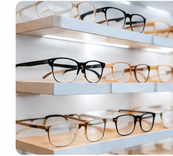 Shelves displaying a selection of eyeglass frames in an optical store