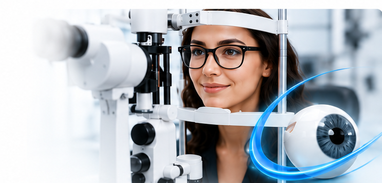 Optometrist's patient having an eye exam with a phoropter