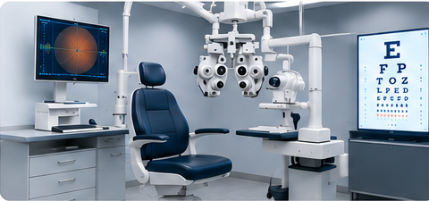 Modern eye exam room with a phoropter, exam chair, and eye chart
