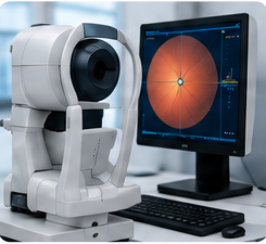 Retinal scanning equipment displaying a scan result on a monitor