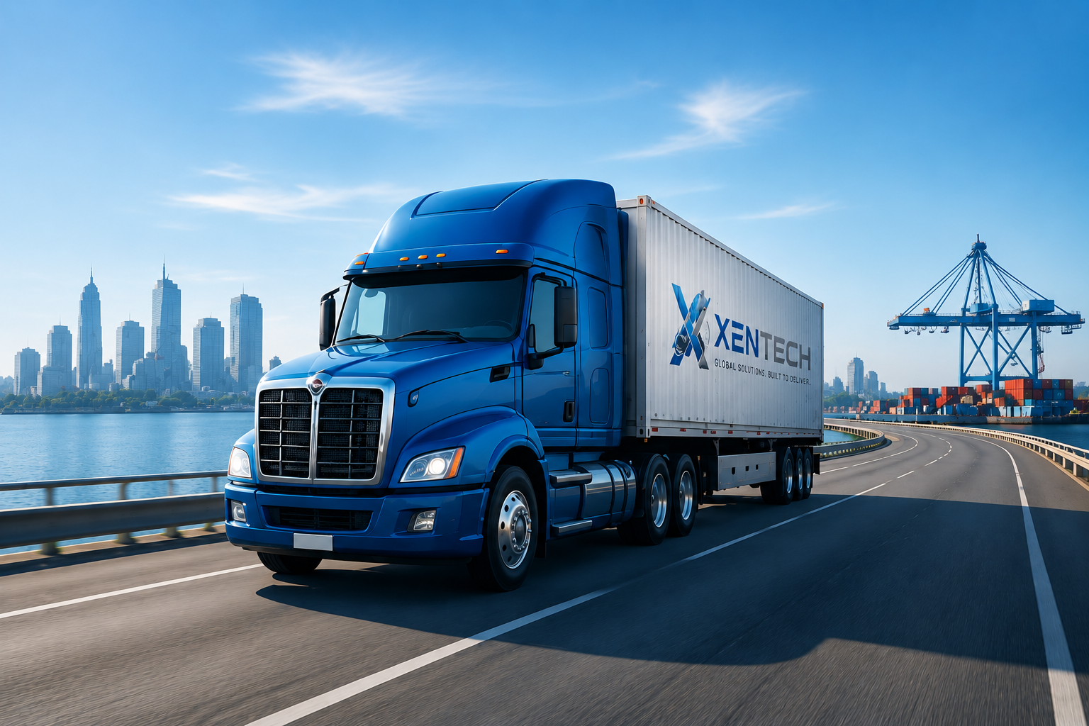 XENTECH branded semi truck driving along a coastal highway near a shipping port